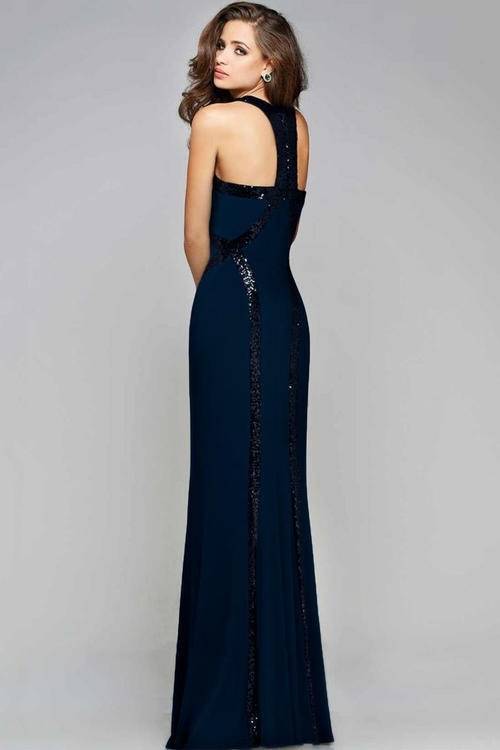 *WILD ROSE* Navy Sequin Trim Jersey Gown - M/L