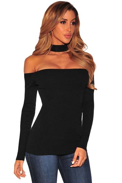 *WILD ROSE* Black Choker Off Shoulder Long Sleeve Top - S/M/L