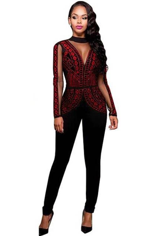 *DIVA RANGE* Black Red Steampunk Studded Pattern Mesh Insert Jumpsuit