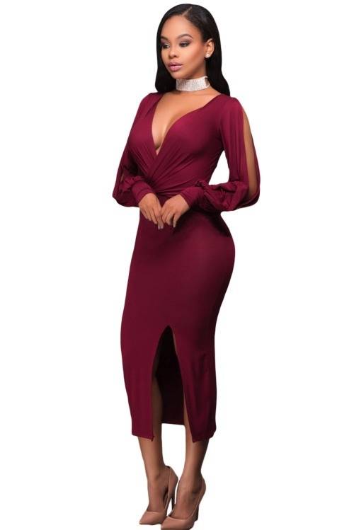 *DIVA RANGE* Maroon V Neck Ruched Bodice Slit Sleeves Midi Dress