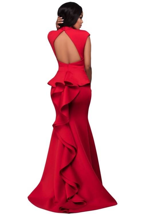 *CLEARANCE SALE* *LOCAL STOCK* Red High Neck Ruffle Back Evening Gown - MEDIUM