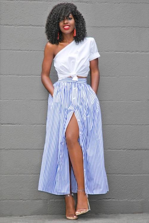 *DIVA RANGE* Blue White Stripes Button Front Maxi Skirt