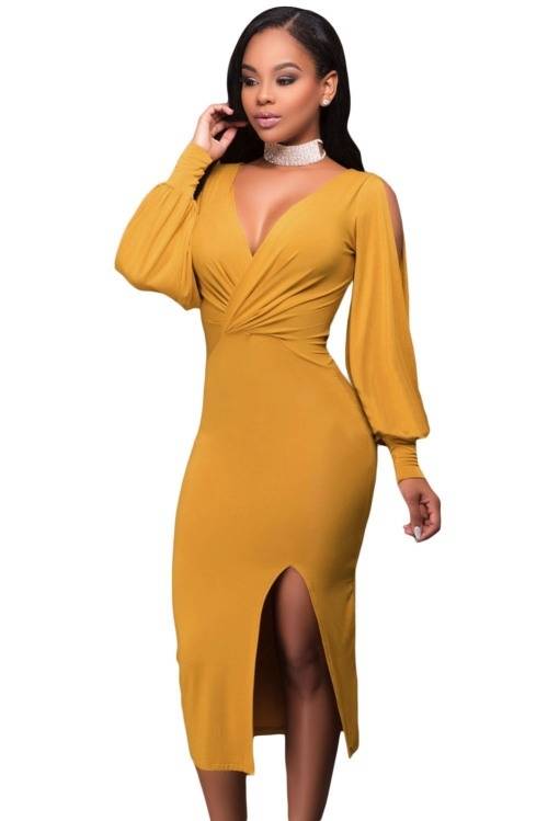 *WILD ROSE* Mustard Slit Sleeves Midi Dress - S