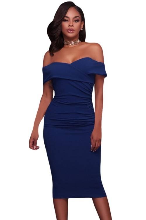 *WILD ROSE* Royal Blue Ruched Off Shoulder Bodycon Midi Dress - S/M/L/XL