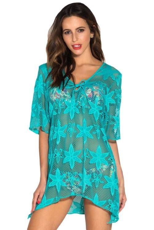 *WILD ROSE* Green Swim Crochet Kaftan Cover Up - S/M/L