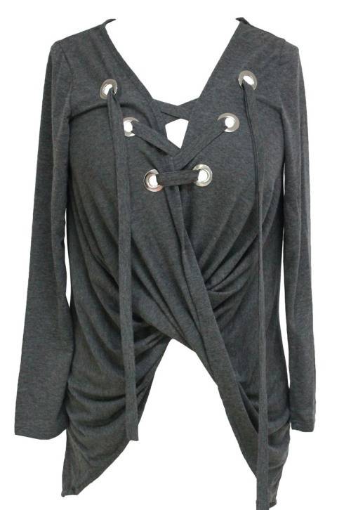 *WILD ROSE* Grey Lace Up Long Sleeve Ruched Pullover Shirt - One Size