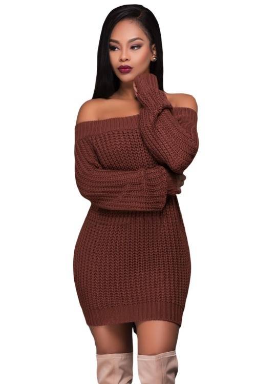 *WILD ROSE* Brown Off Shoulder Shredded Back Sweater Dress - S/M