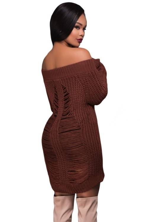 *WILD ROSE* Brown Off Shoulder Shredded Back Sweater Dress - S/M
