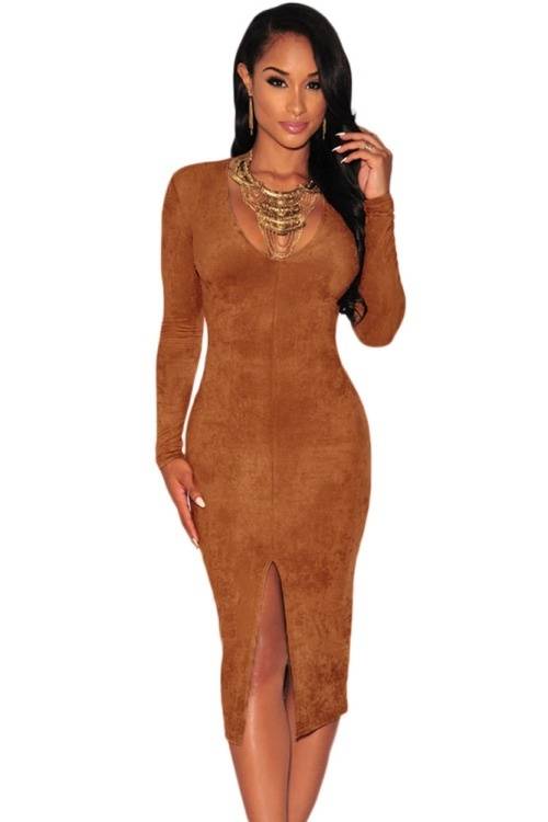 *WILD ROSE* Mocha Faux Suede Long Sleeves Slit Dress - One Size