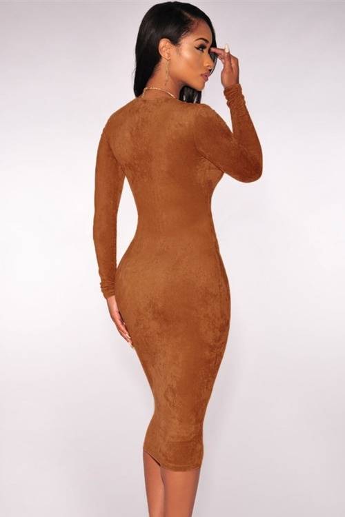 *WILD ROSE* Mocha Faux Suede Long Sleeves Slit Dress - One Size