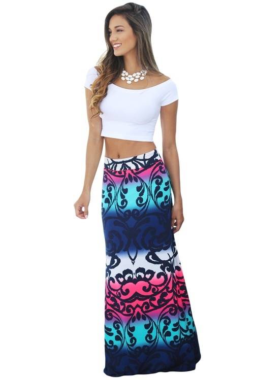 *WILD ROSE*  Printed Maxi Skirt Colorblock Tendril Printed Maxi Skirt - S/M/L/XL/2XL