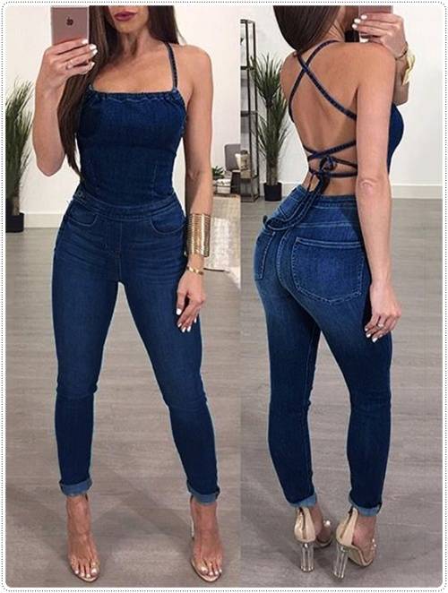 *WILD ROSE* Sexy Crisscross Strappy Open Back Denim Look Jumpsuit- S/M/L/XL/2XL