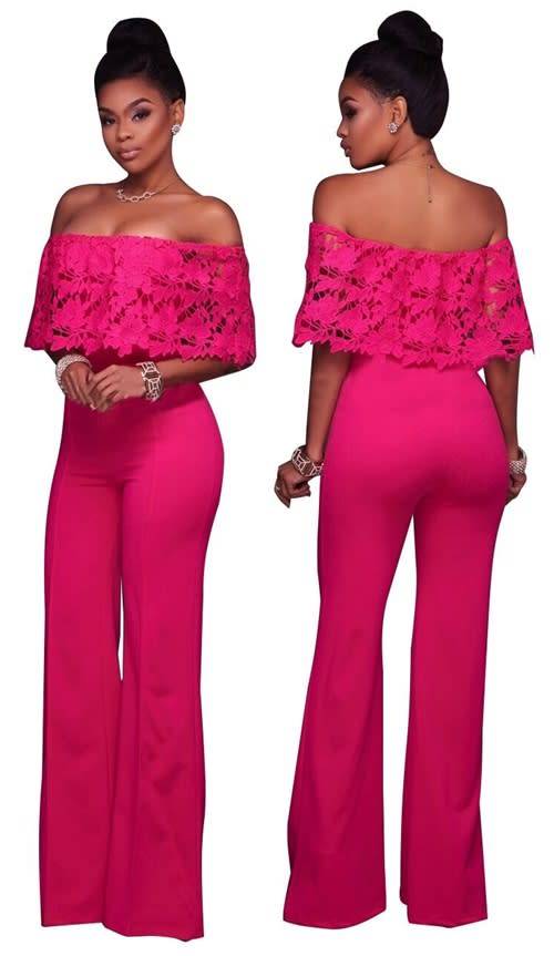 *WILD ROSE* Pink Lace Off Shoulder Overlay Strapless Jumpsuit - S/M/L/XL