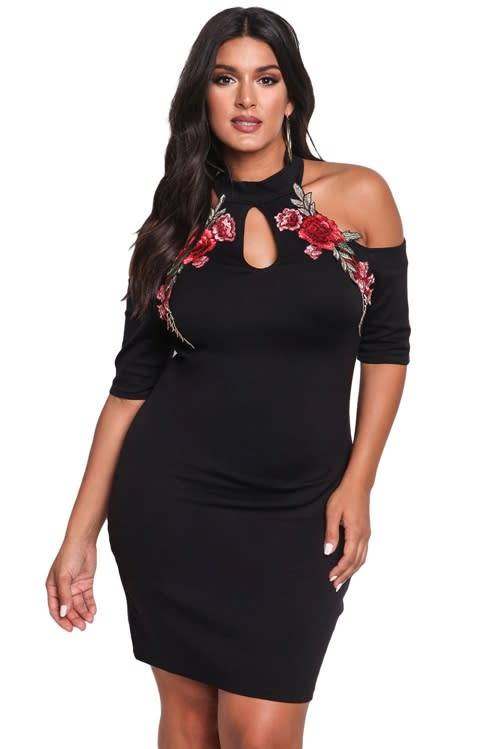 *WILD ROSE* PLUS SIZE Plus Size Rose Applique Cold Shoulder Bodycon Dress - XL/3XL