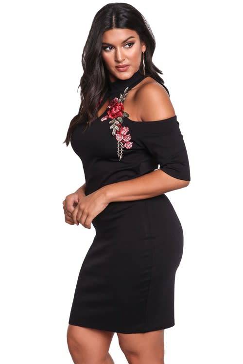 *WILD ROSE* PLUS SIZE Plus Size Rose Applique Cold Shoulder Bodycon Dress - XL/3XL