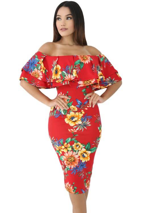 *WILD ROSE* Red Leafy Floral Layered Ruffle Off Shoulder Midi Dress - S/M/L