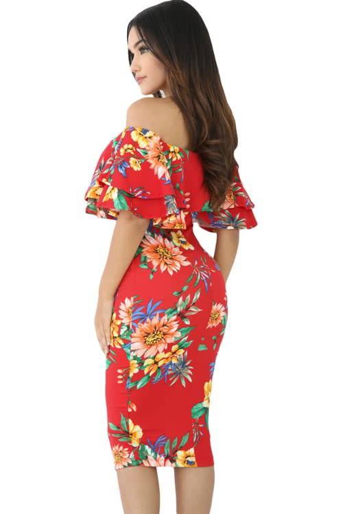 *WILD ROSE* Red Leafy Floral Layered Ruffle Off Shoulder Midi Dress - S/M/L
