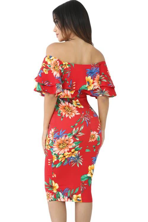*WILD ROSE* Red Leafy Floral Layered Ruffle Off Shoulder Midi Dress - S/M/L