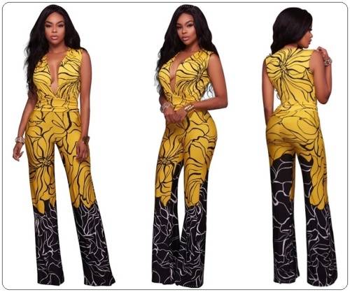 *WILD ROSE* Stylish Rose Printed Deep V Neck Wide Leg Jumpsuit - S/M/L/XL