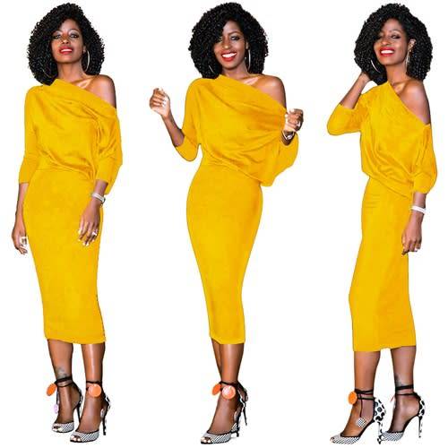 *WILD ROSE* Yellow 3/4 Sleeves One Shoulder Midi Dress - S/M/L/XL/2XL