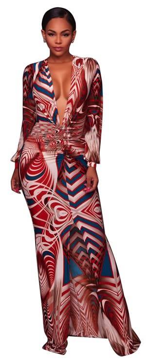 *WILD ROSE* Deep-V Print Maxi Dress with Long Sleeves - S/M/L/XL/2XL/3XL
