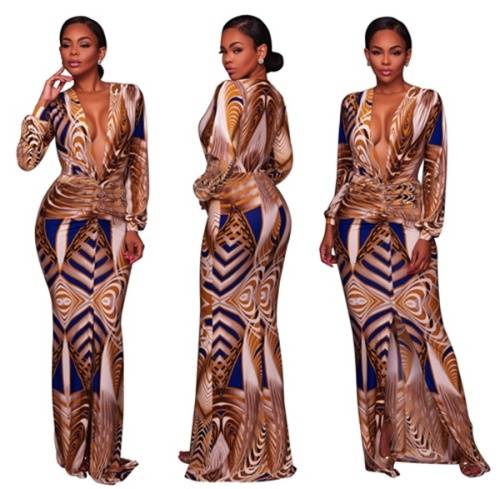 *WILD ROSE* Deep-V Print Maxi Dress with Long Sleeves - S/M/L/XL/2XL/3XL