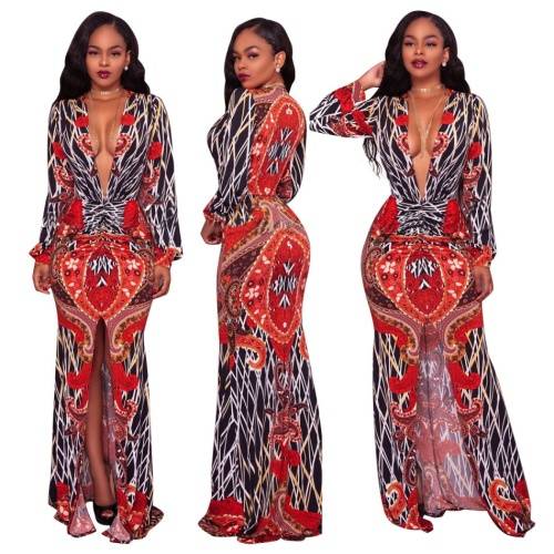 *WILD ROSE* Red Print Deep-V Maxi Dress with Long Sleeves - S/M/L/XL/2XL/3XL