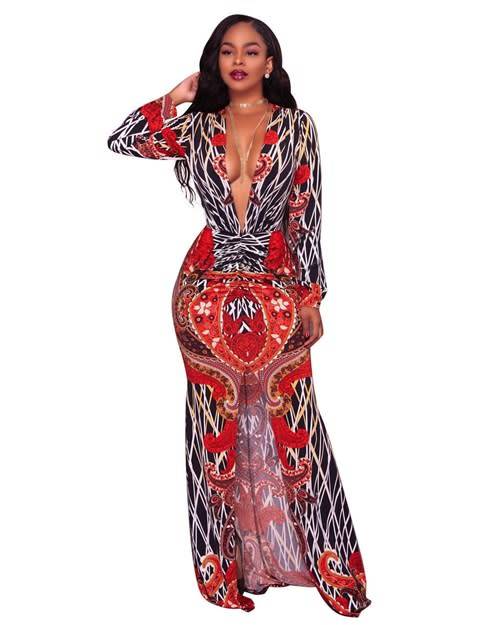 *WILD ROSE* Red Print Deep-V Maxi Dress with Long Sleeves - S/M/L/XL/2XL/3XL
