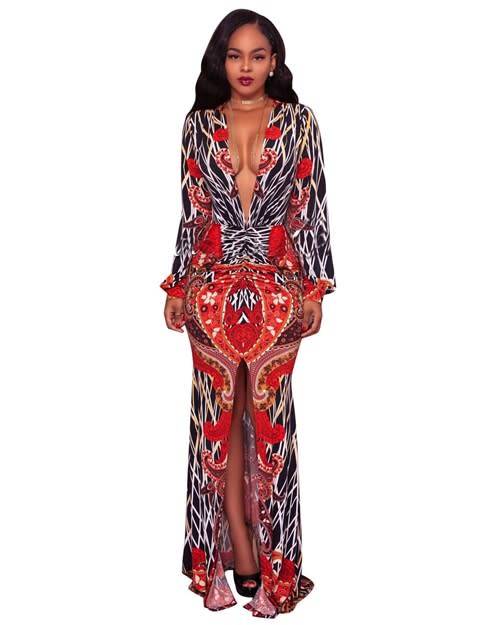 *WILD ROSE* Red Print Deep-V Maxi Dress with Long Sleeves - S/M/L/XL/2XL/3XL