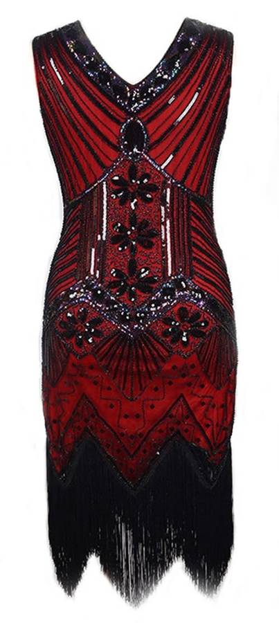 *WILD ROSE* Red Sequins Fringed Art Deco 1920's Flapper Party Evening Dress - S/M/L/XL