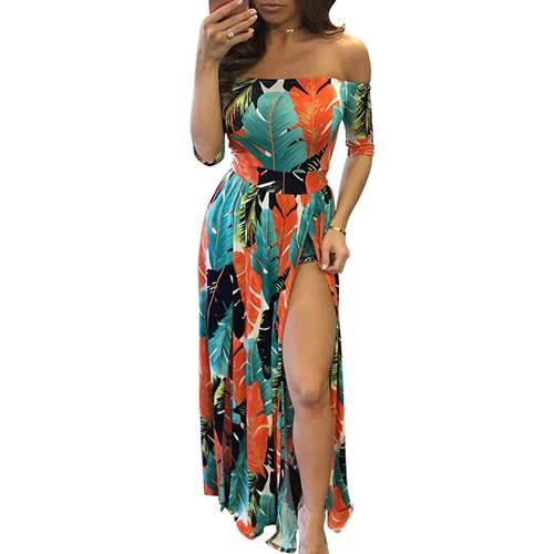 *WILD ROSE* Orange Tropical Off Shoulder Slit Maxi Dress with Shorts - S/M/L/XL/2XL
