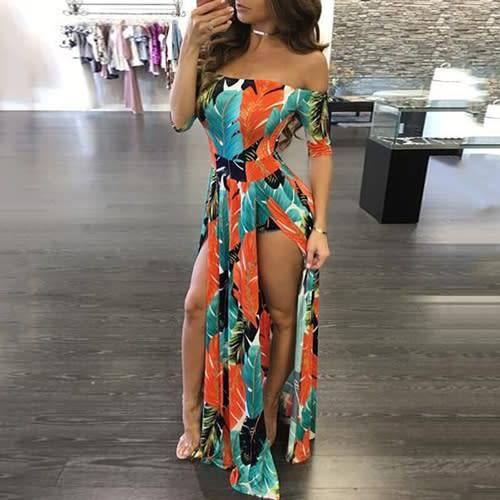 *WILD ROSE* Orange Tropical Off Shoulder Slit Maxi Dress with Shorts - S/M/L/XL/2XL