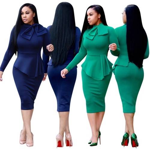 *WILD ROSE* Mint Green Long Sleeve Office Midi Dress With Bow - S/M/L/XL
