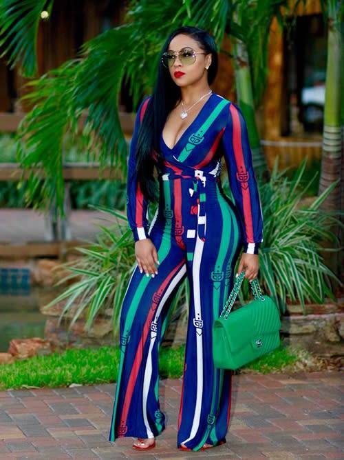 *WILD ROSE* Green Detail Striped V Neck Jumpsuit - S/M/L/XL