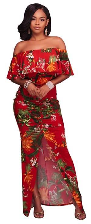 *WILD ROSE* Off Shoulder Women Floral Print Maxi Dress with Overlay - S/M/L/XL