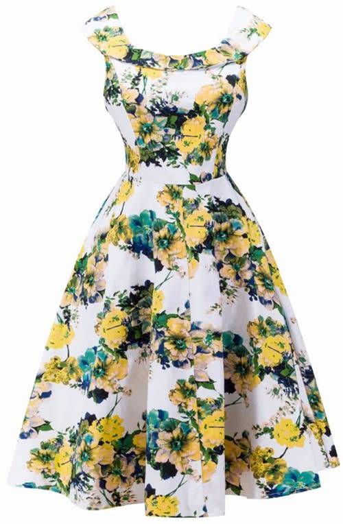 *LOCAL STOCK* Clearance! Vintage Retro Yellow Floral Sleeveless Print Swing Dress - SMALL