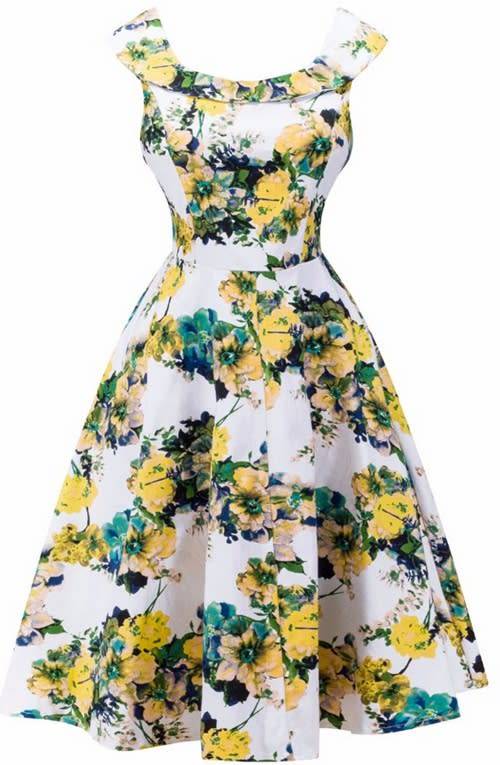 *LOCAL STOCK* Clearance! Vintage Retro Yellow Floral Sleeveless Print Swing Dress - SMALL