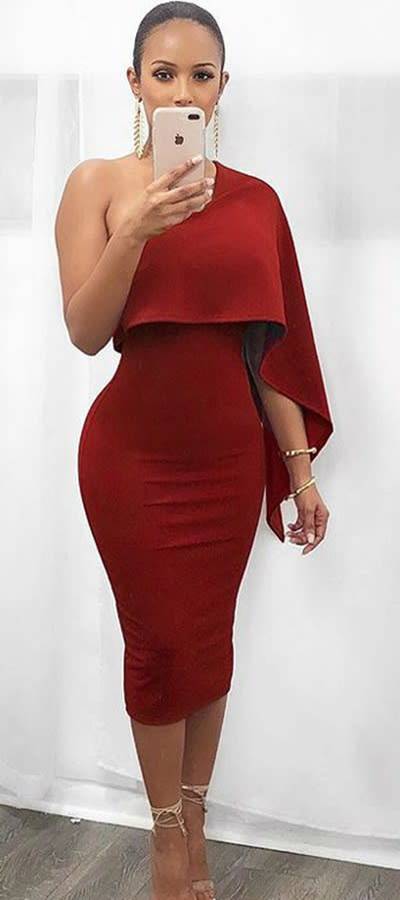 *WILD ROSE* Red One Shoulder Formal Midi Dress - S/M/L/XL