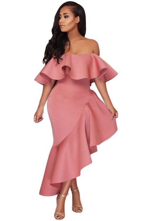 *WILD ROSE* Pink Asymmetric Ruffle Off Shoulder Party Dress - S/M/L/XL