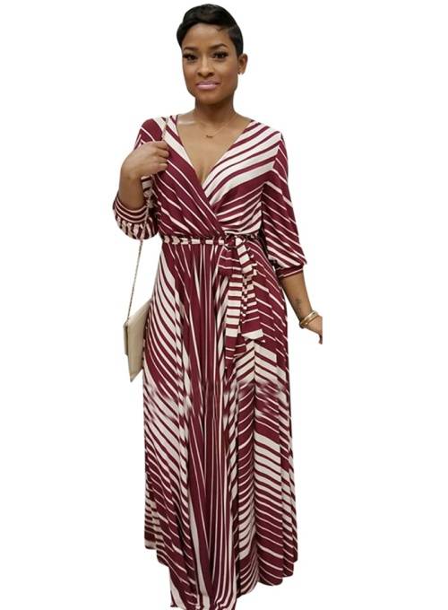 *WILD ROSE* Wine Red Stiped V Neck Long Sleeve Belted Maxi Dress - S/M/L/XL/2XL/3XL