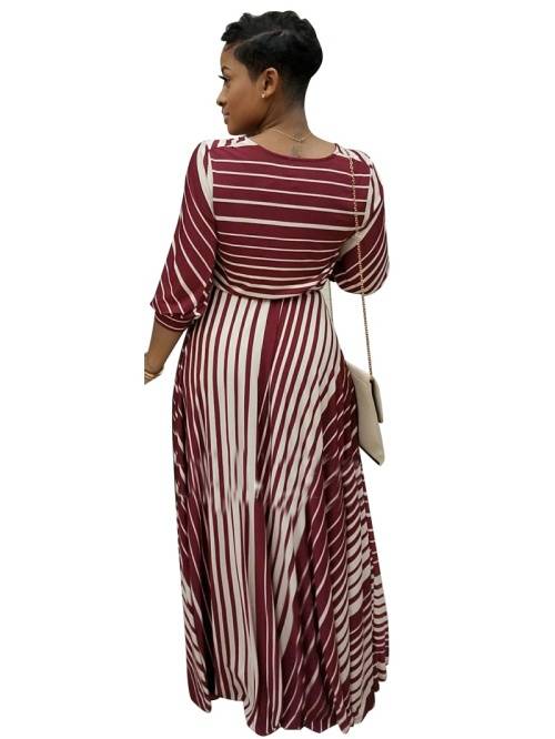 *WILD ROSE* Wine Red Stiped V Neck Long Sleeve Belted Maxi Dress - S/M/L/XL/2XL/3XL