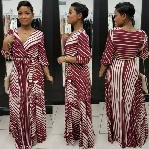 *WILD ROSE* Wine Red Stiped V Neck Long Sleeve Belted Maxi Dress - S/M/L/XL/2XL/3XL