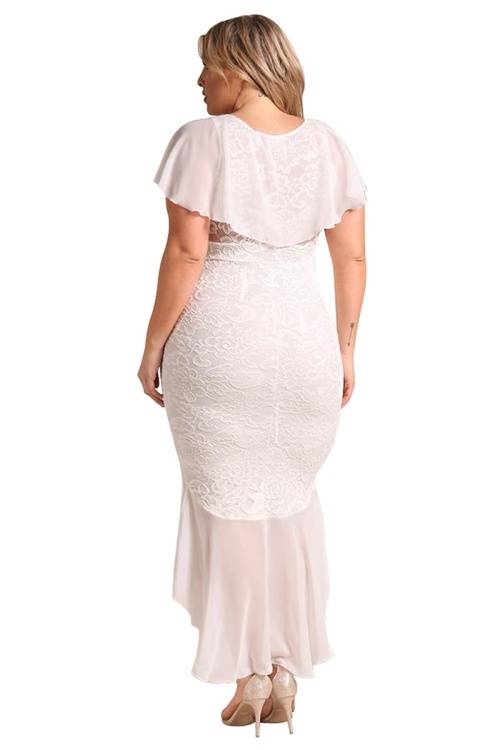 *WILD ROSE* PLUS SIZE White Chiffon Lace Waterfall Ruffle Midi Dress- XL/2XL/3XL/4XL