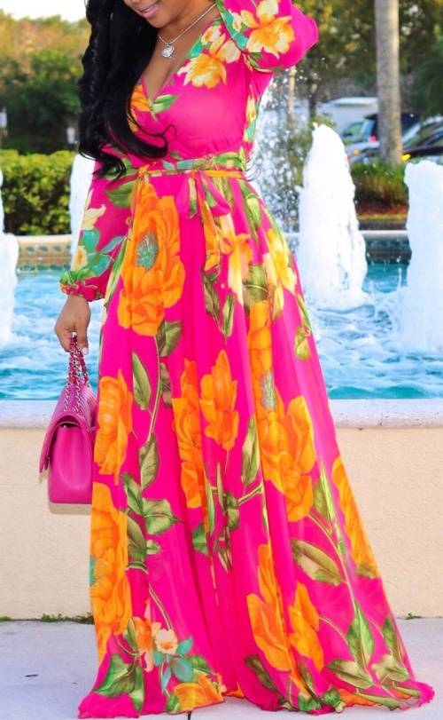 *WILD ROSE* Pink Floral V Neck Long Sleeve Belted Maxi Dress - S/M/L/XL/2XL