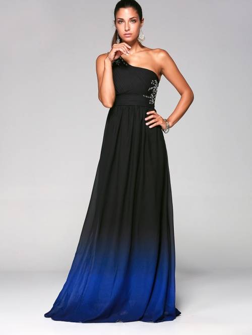 *LOCAL STOCK* Blue One Shoulder Beaded Ombre Long Evening Formal A Line Dress - LARGE