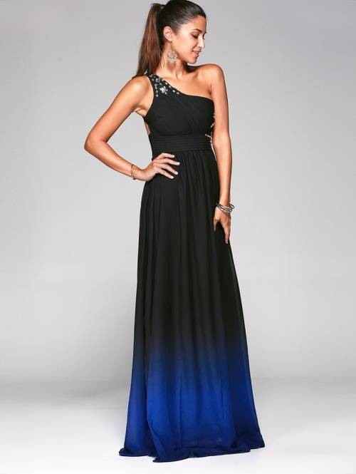 *LOCAL STOCK* Blue One Shoulder Beaded Ombre Long Evening Formal A Line Dress - LARGE