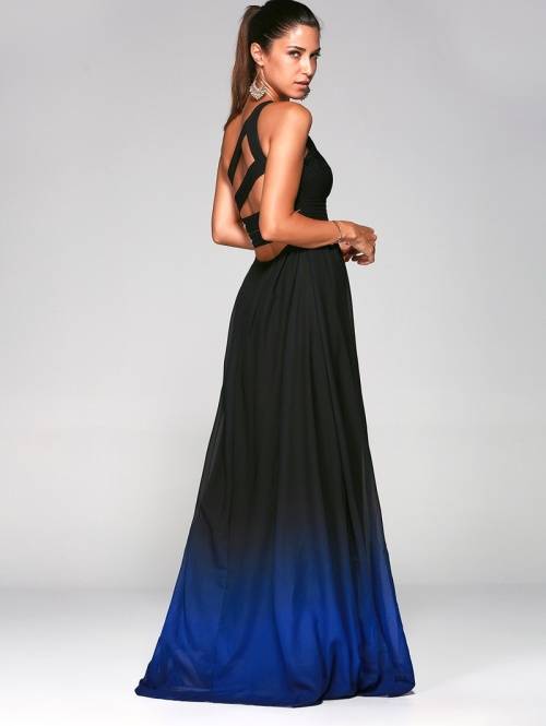 *LOCAL STOCK* Blue One Shoulder Beaded Ombre Long Evening Formal A Line Dress - LARGE