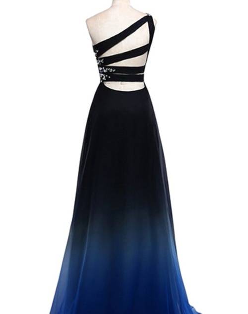 *LOCAL STOCK* Blue One Shoulder Beaded Ombre Long Evening Formal A Line Dress - LARGE