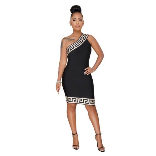 *WILD ROSE* Black One Shoulder Printed Bodycon Club Dress - S/M/L/XL