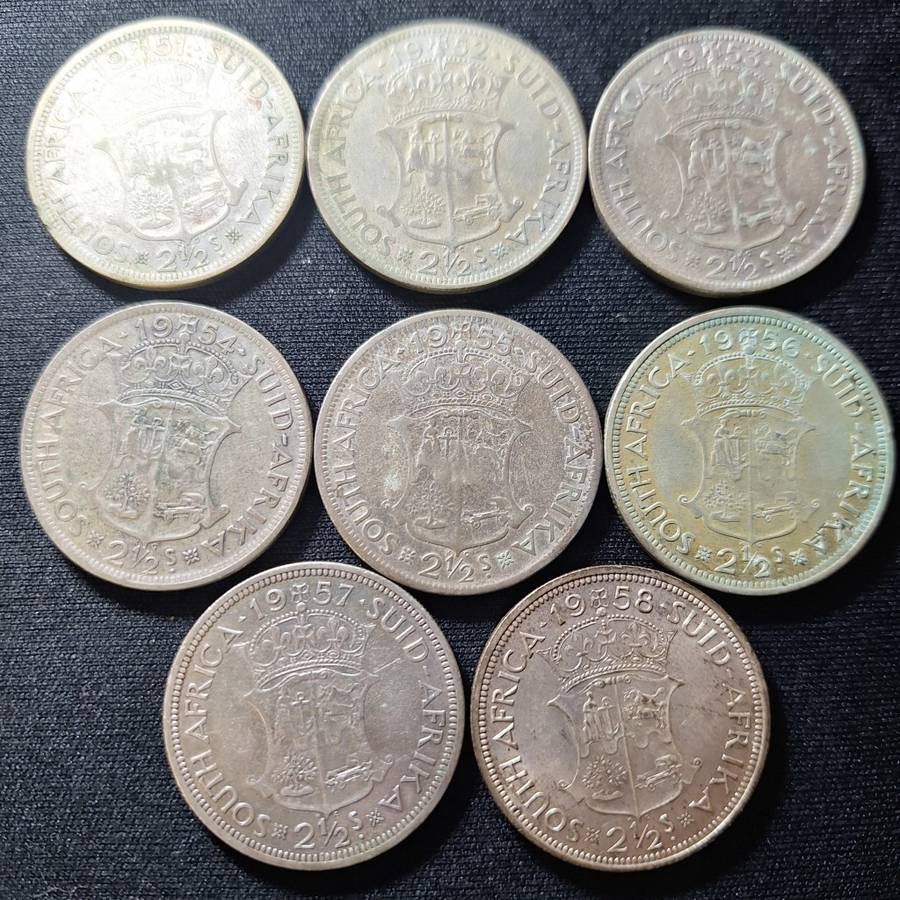 1951 - 1958 South Africa 2 1/2 Shilling Coins